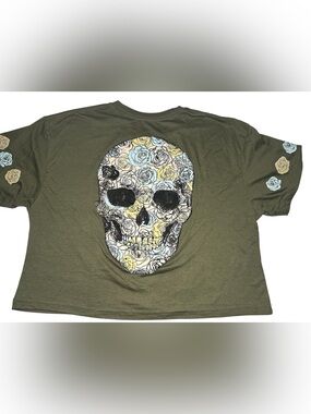 Weekend Warrior Olive Floral Skull Short Sleeve Top XL Punk Rock Goth Spooky